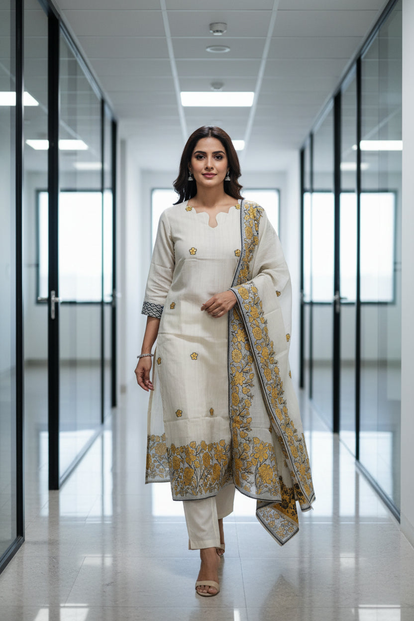 Half White Jamdhani Dupatta Set For Women