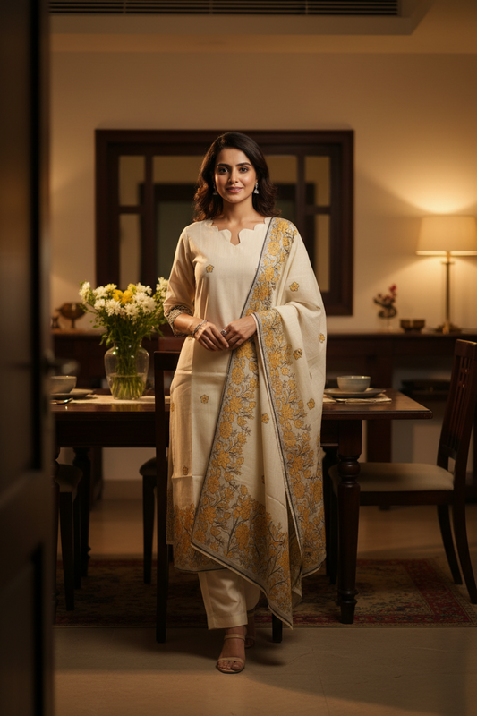 Half White Jamdhani Dupatta Set For Women