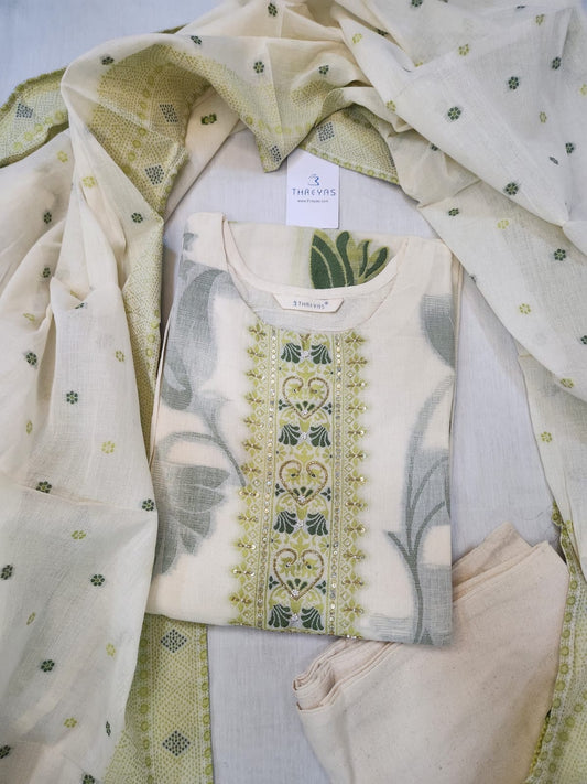 White Color Handloom Cotton Kurtis Set for women with  Dupatta