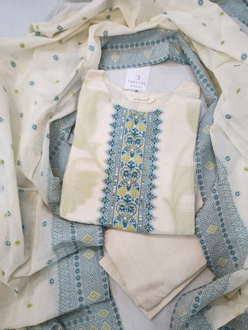 White Handloom Cotton Kurti Set for Women with Dupatta