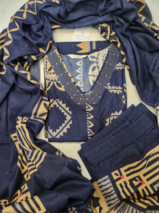 Blue Cotton Kurti Set for Women with Printed Dupatta