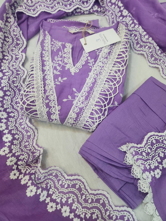 Lavender Embroidered Cotton Kurta Set with Dupatta for Women