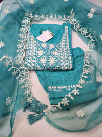 Aqua Green Embroidered Cotton Kurta Set with dupatta for Women
