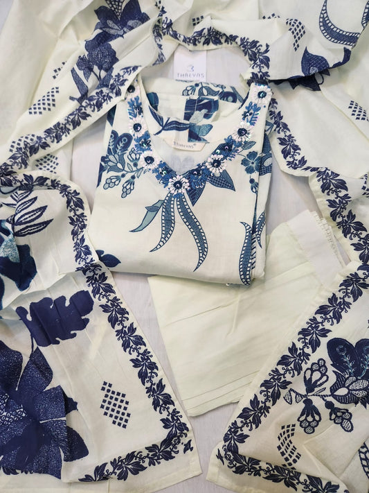 White Cotton Kurti Set for Women with Printed Dupatta – Elegant Daily Wear