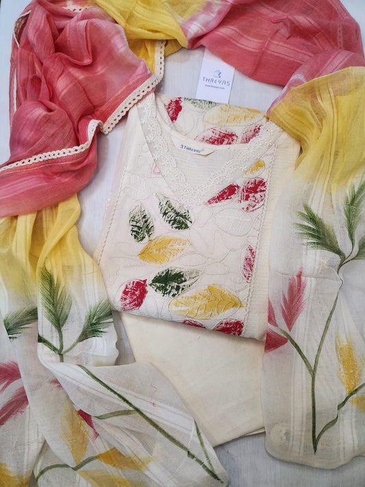 Beige and Yellow Kota Cotton Kurti Set with Printed Dupatta for Women