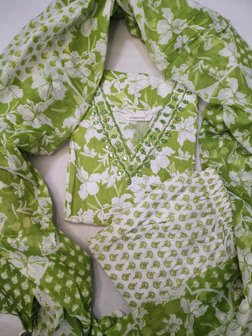 Light Green Floral Printed Cotton Kurti Set for Women with Dupatta