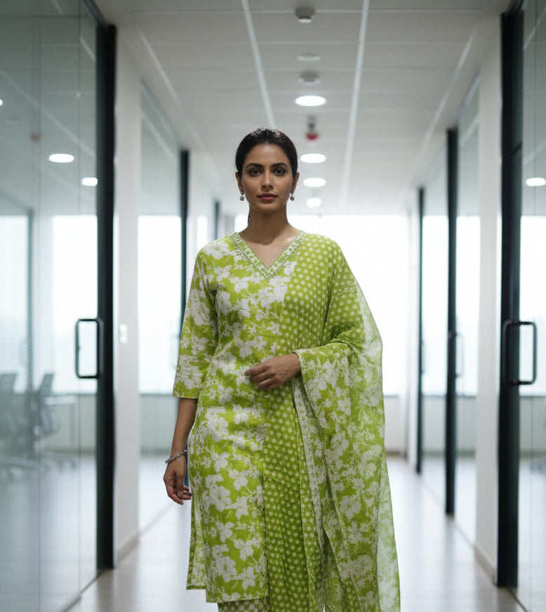 Light Green Floral Printed Cotton Kurti Set for Women with Dupatta