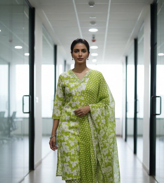 Light Green Floral Printed Cotton Kurti Set for Women with Dupatta