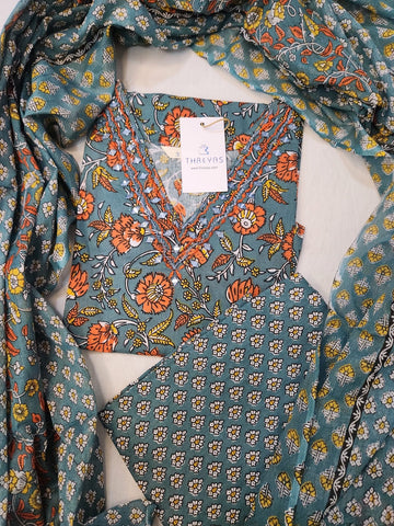 Gray Floral Printed Cotton Kurti Set for Women with Dupatta
