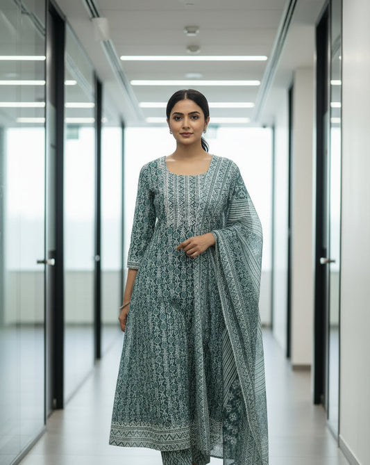 Teal Block Print Anarkali Kurti Set for Women with Dupatta