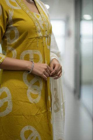 Mustard Yellow Abstract Printed Cotton Kurti Set for Women with Dupatta
