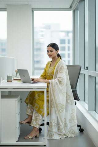 Mustard Yellow Abstract Printed Cotton Kurti Set for Women with Dupatta