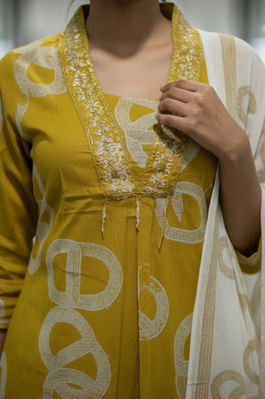 Mustard Yellow Abstract Printed Cotton Kurti Set for Women with Dupatta