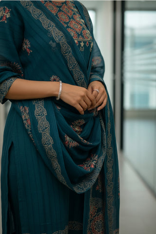 Peacock Blue Printed Cotton Kurti Set for Women with Dupatta