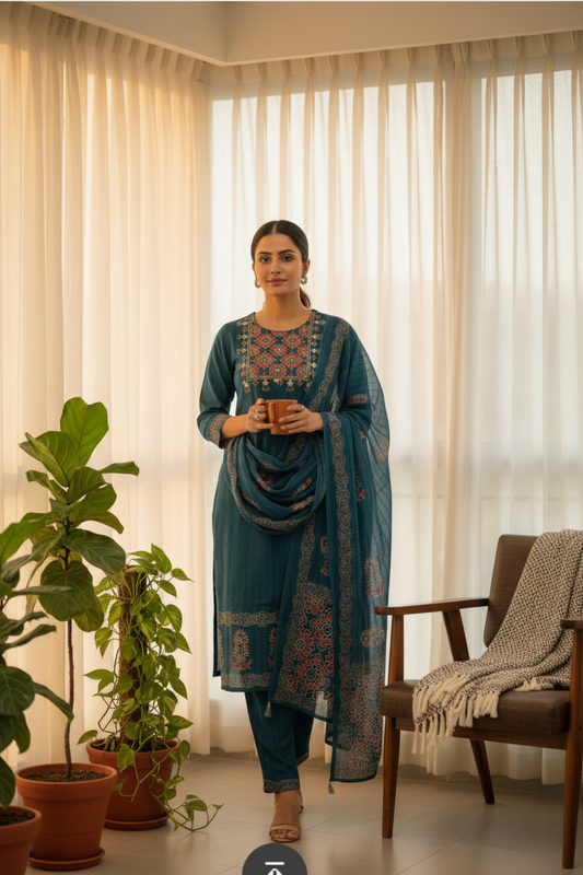 Peacock Blue Cotton Kurti Set for Women with Dupatta