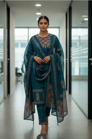 Peacock Blue Printed Cotton Kurti Set for Women with Dupatta
