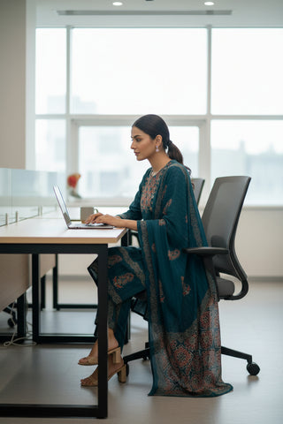 Peacock Blue Printed Cotton Kurti Set for Women with Dupatta