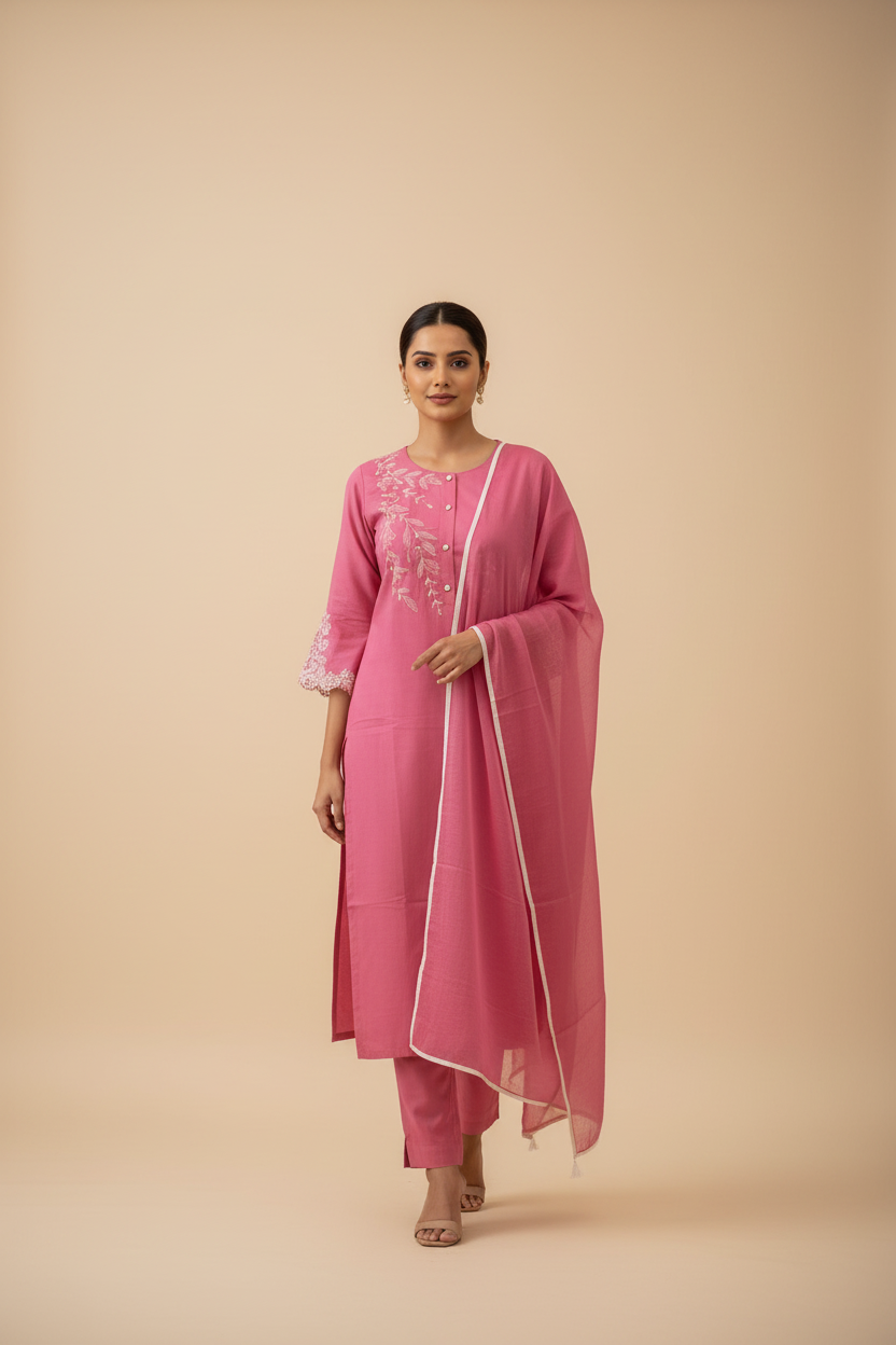 Rose Pink Floral Embroidered Cotton Kurti Set with Dupatta