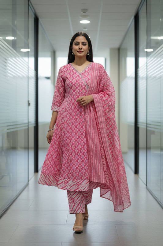 Pink Floral Angarkha Cotton Kurta Set with Dupatta