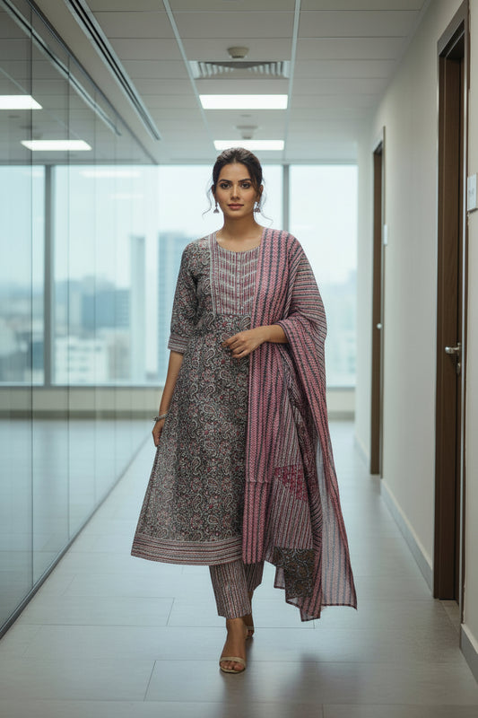 Grey Printed Cotton Kurta Set with Dupatta Mirror Work – Round Neck Anarkali