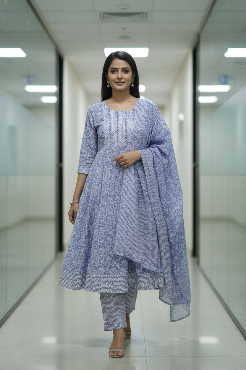 Grey Cotton Kurta Set with Dupatta – Mirror Work