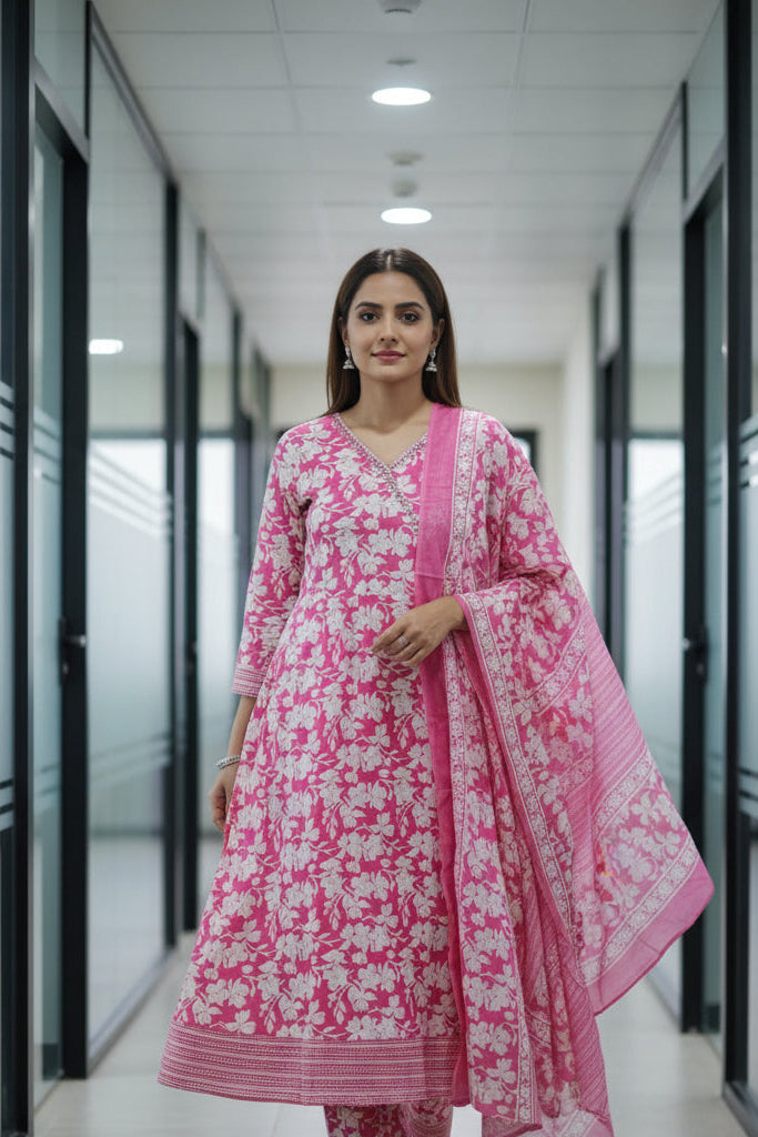 White & Pink Floral Angarkha Anarkali Cotton Kurta Set with Dupatta