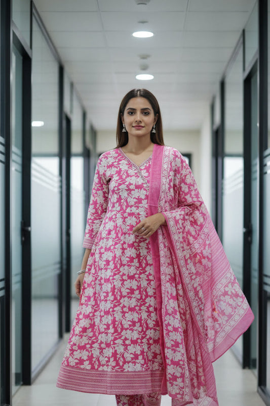 White & Pink Floral Angarkha Anarkali Cotton Kurta Set with Dupatta