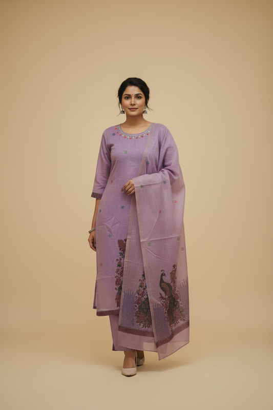 Voilet Peacock Work Jamdhani Dupatta Set For Women