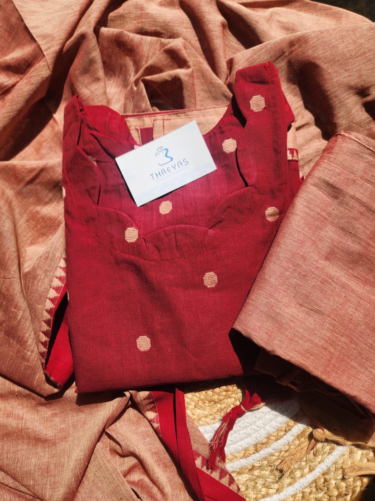 Maroon Buuti South  Cotton Kurti Set with Dupatta