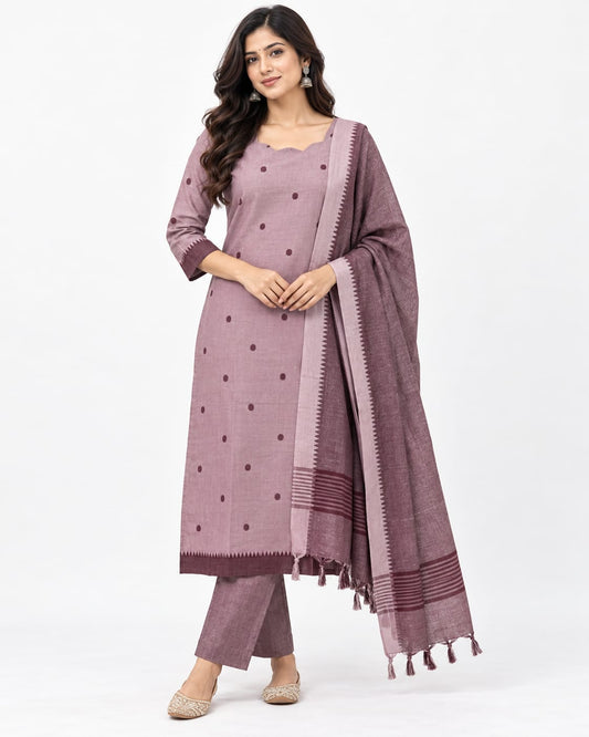 Light Dusty Rose Buuti South Cotton Kurti Set with Dupatta