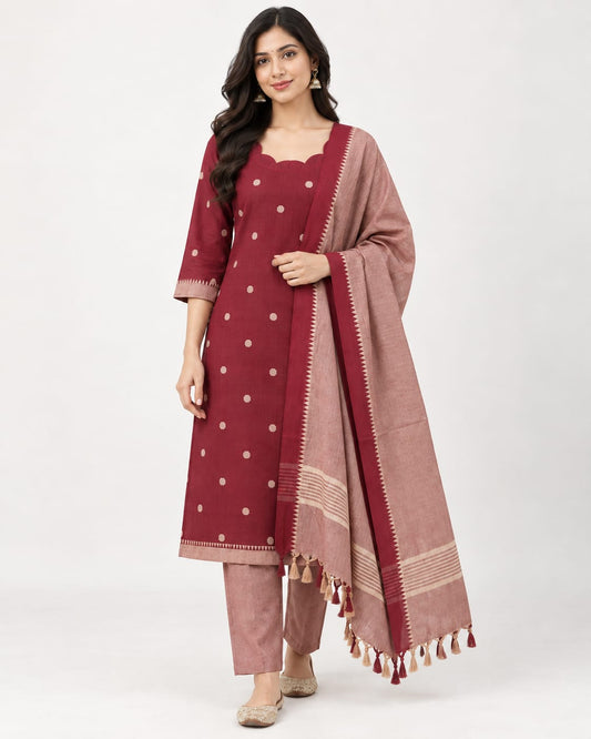 Maroon Buuti South  Cotton Kurti Set with Dupatta