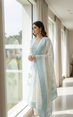 White Handloom Cotton Kurti Set for Women with Dupatta