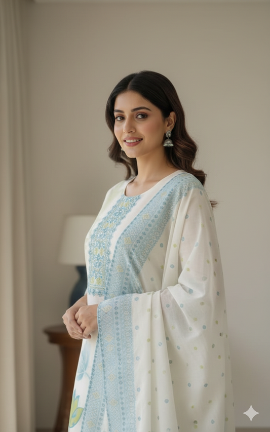White Handloom Cotton Kurti Set for Women with Dupatta