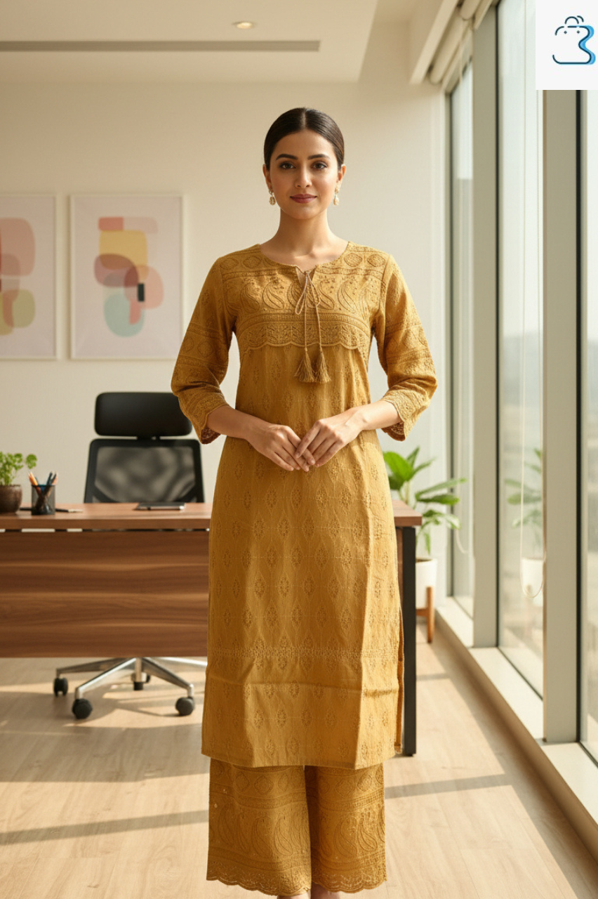 Mustard Yellow Ethnic Printed Cotton Kurti Set for Women