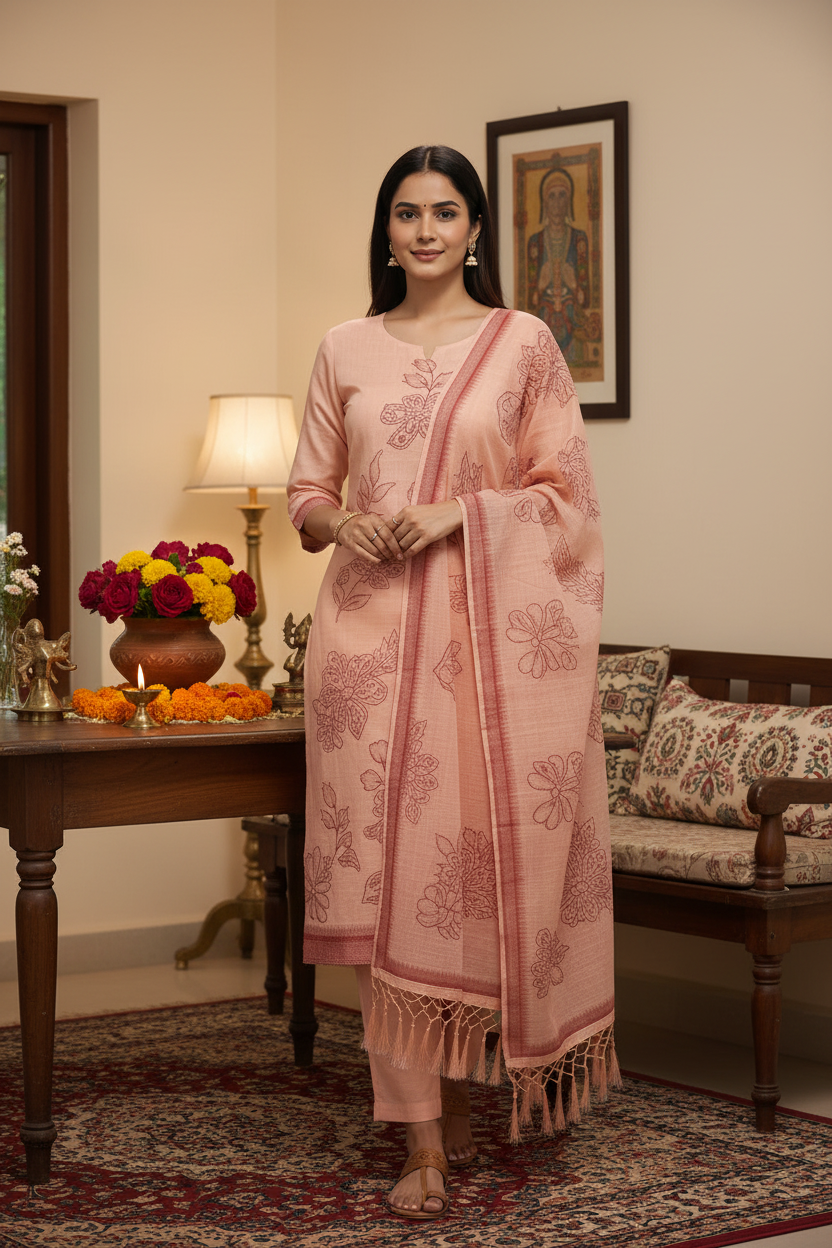 Peach Jamdhani Dupatta Set For Women