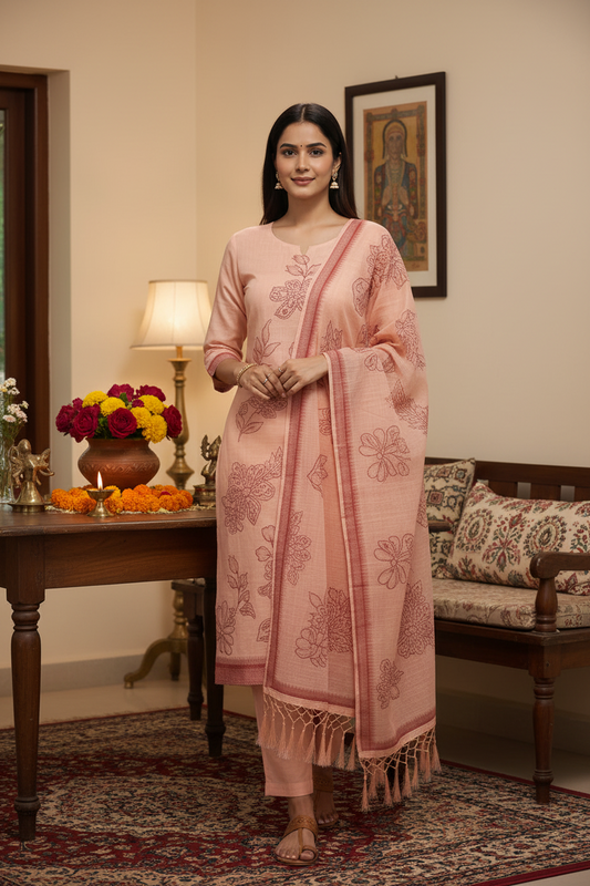 Peach Jamdhani Dupatta Set For Women