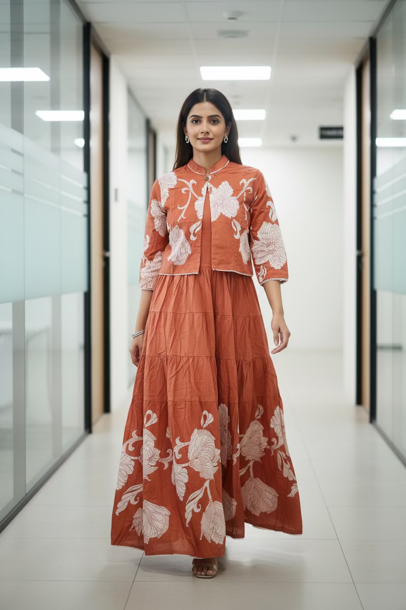 Orange Cotton Long Printed Tiered Kurti Maxi Dress with Over Coat  for Women