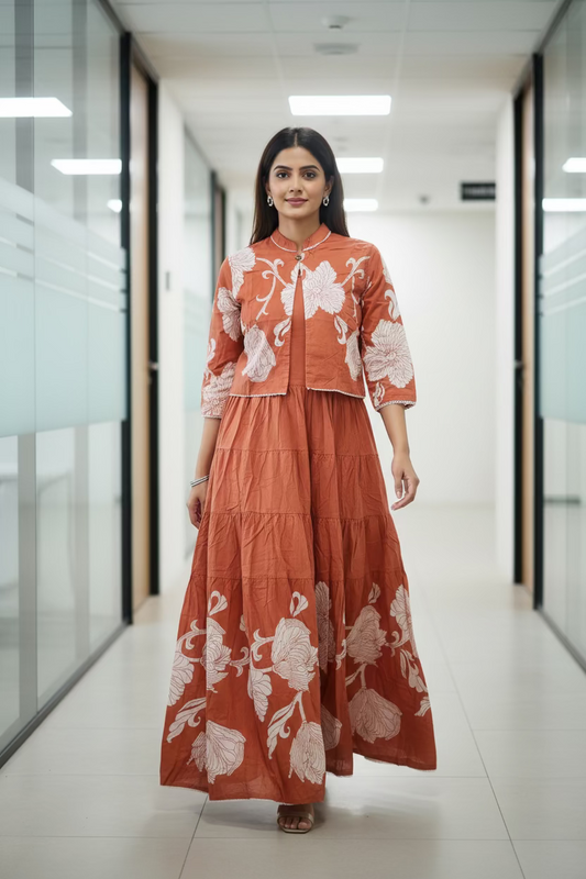 Orange Cotton Long Printed Tiered Kurti Maxi Dress with Over Coat  for Women
