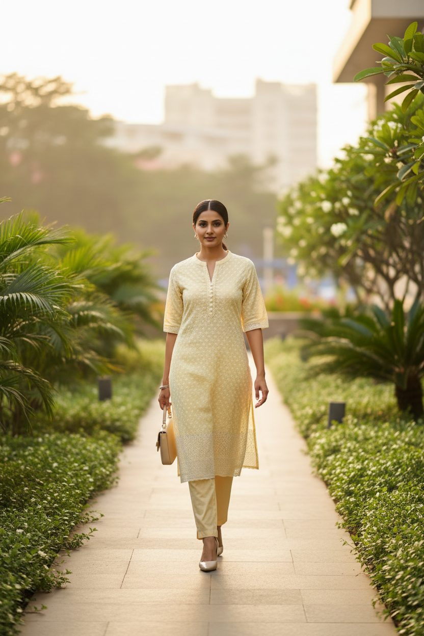 Yellow Chikankari Long Kurti for Women
