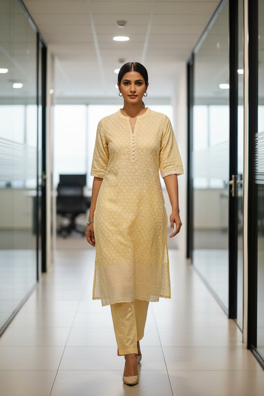 Yellow Chikankari Long Kurti for Women