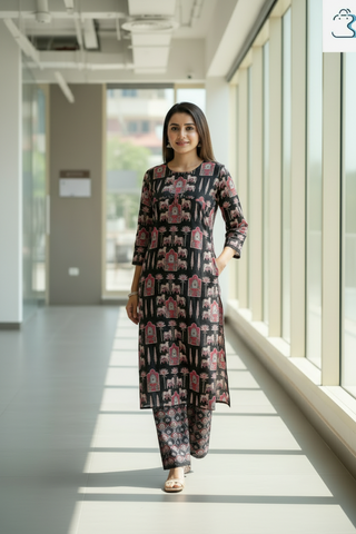 Black Ethnic Printed Cotton Kurti Set for Women