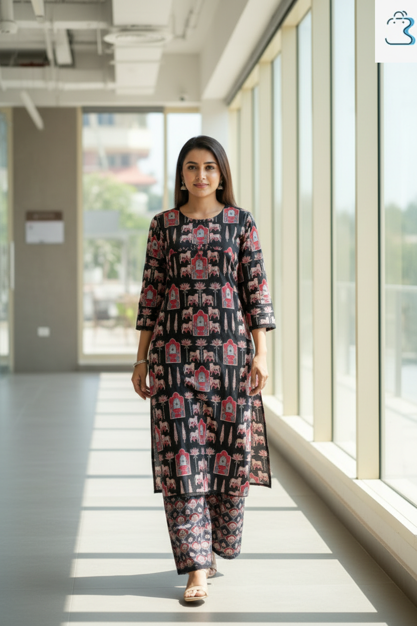 Black Ethnic Printed Cotton Kurti Set for Women