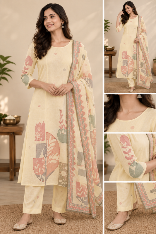 Pastel Yellow Lenin  Dupatta Set For Women