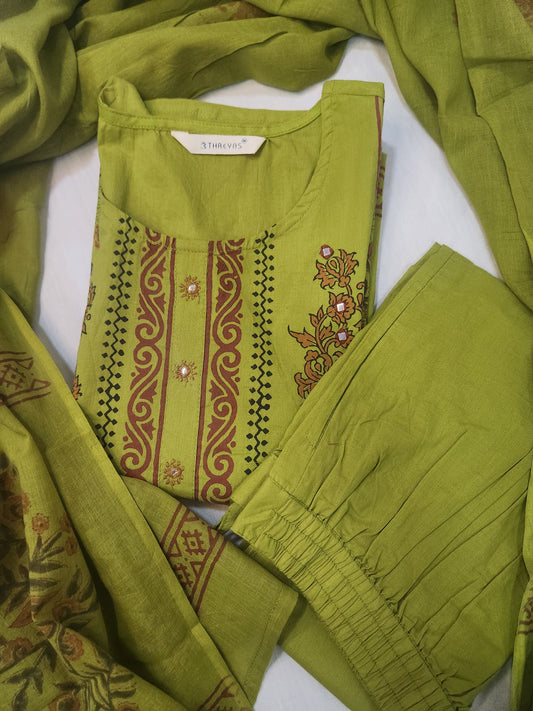Mehandi Green Printed Straight Cotton Kurta Set with Dupatta for Women