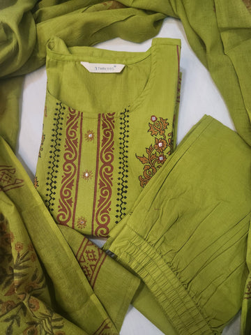 Mehandi Green Printed Straight Cotton Kurta Set with Dupatta for Women