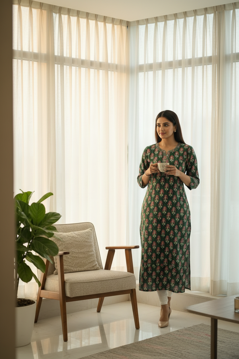 Green Floral Printed Long Kurti for Women