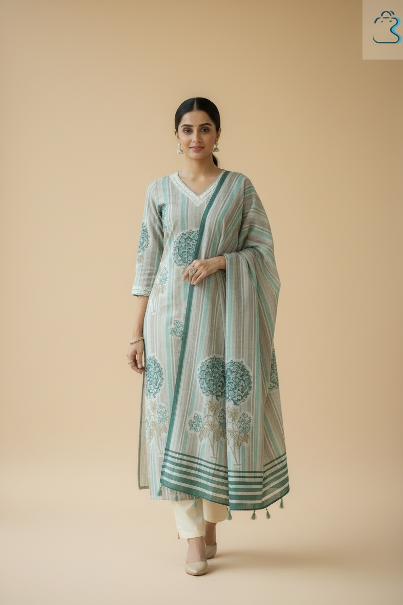 Sea Green & Beige Cotton Kurta Set with Dupatta