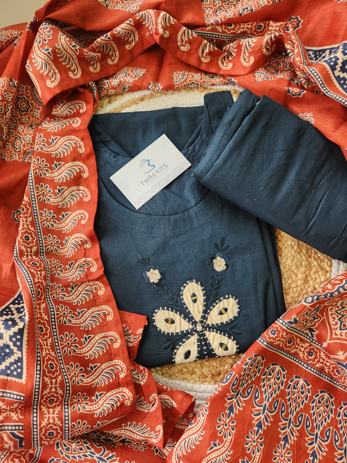 Blue Cotton Kurti Set for Women with Printed Dupatta