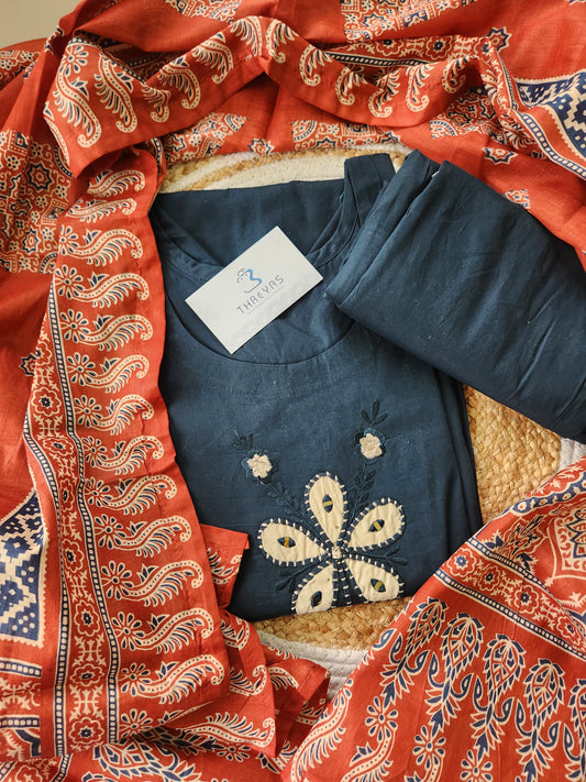 Blue Cotton Kurti Set for Women with Printed Dupatta