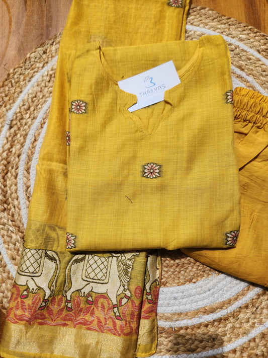 Yellow Pichwai work Jamdhani Dupatta Set For Women